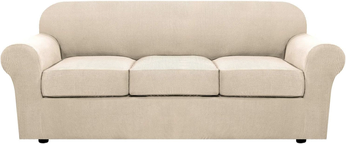 H.VERSAILTEX 4 Piece Stretch Couch Covers for 3 Cushion Couch Sofa Furniture Slipcovers Feature Upgraded Thicker Jacquard Fabric (Sofa, Natural)