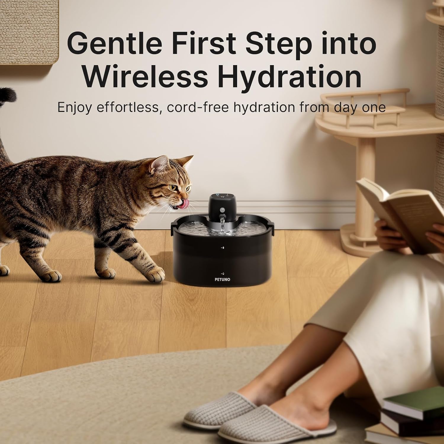 Wireless Cat Water Fountain, Cat Fountain Battery Operated, 78Oz/2.3L Pet Water Fountain Cordless, 4000Mah Rechargeable Automatic Fountain with Motion Sensor, Ultra-Quiet Pump & Locking Lid, Black