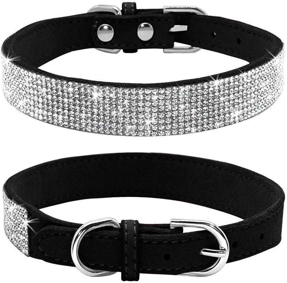 Rhinestone Dog Collar, Cute Dazzling Sparkling Soft Suede Leather Dog Cat Rhinestone Collar Crystal Diamond Pet Dog Puppy Collar(Black,L Fit Neck 38-46 Cm)