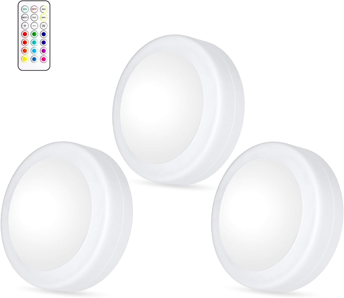Yiliaw LED Puck Lights with Remote Control, AA Battery Operated, 12 Color Closet under Cabinet Lighting, Push Tap Light, under Counter for Kitchen, 3 Pack, White-Magnetic