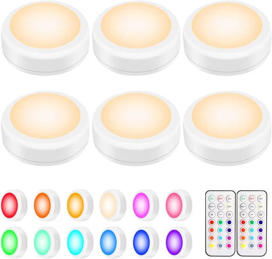 Led under Cabinet Lighting Battery Operated Lights, 6 Puck Lights with Remote Control, Closet Lights Kitchen Cabinet Lighting Stick on Lights, 13 Color Changing Lights, Touch Push Tap Lights