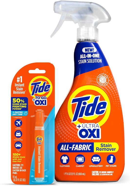 MADE by NEHEMIAH Tide Rescue Laundry Stain Remover Spray with Oxi + Travel Size Tide to Go Pen, Spot Remover for Clothes, Fabric, Upholstery, Carpet, Grease & More Tough Stains- 22 Fl Oz + 1 Stain Pen