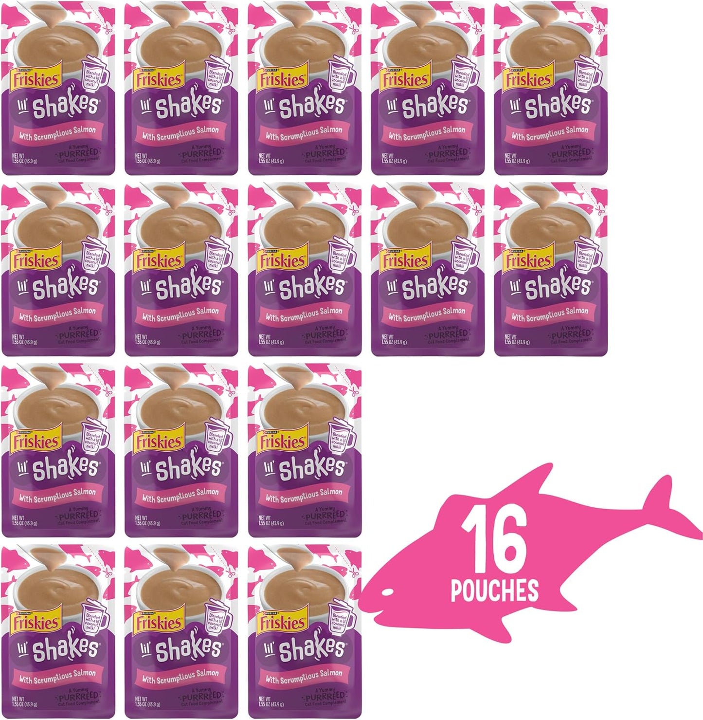 Purina Friskies Pureed Cat Food Topper, Lil’ Shakes with Scrumptious Salmon Lickable Cat Treats - (Pack of 16) 1.55 Oz. Pouches