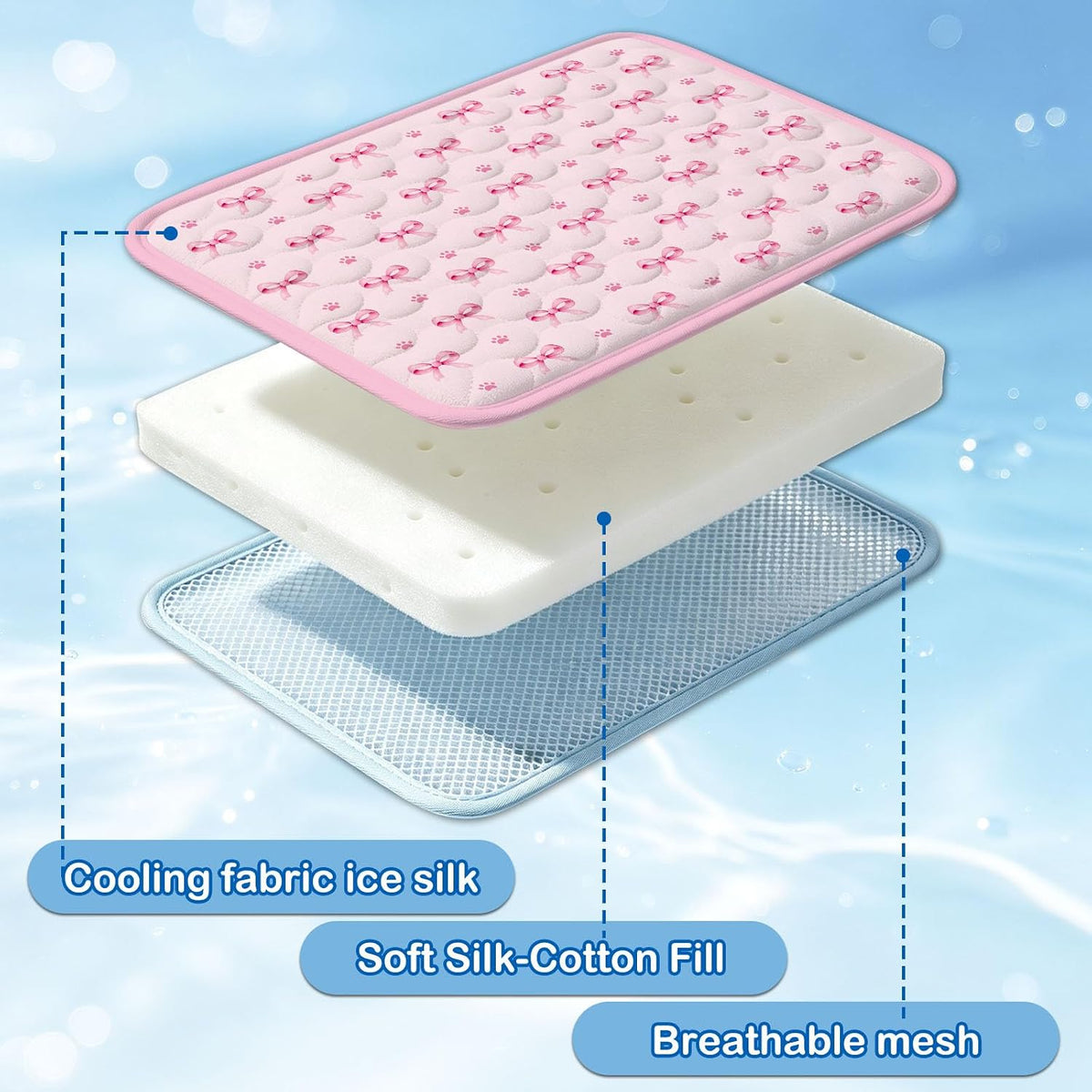 Pink Bow Cooling Mat 30 * 40 Inch, Large Self-Cooling Mat for Dogs & Cats, Summer Pet Mat with Arctic Pattern, Portable Polyester Gifts for Hot Weather