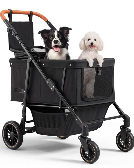 Dog Stroller for Medium & Large Dogs up to 66 Lbs, Pet Stroller for 2 Small Dogs with Adjustable Handle & Canopy, Sun Shades, Storage Organizer, Foldable & Ventilated,Black