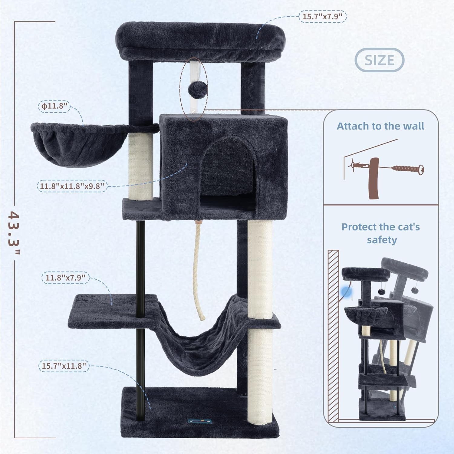 Gitelsnour Cat Tree, Cat Tower for Indoor Cats, 43.3 Inch Cat Tree Tower with Sturdy Steel Tube, Hammock, Cat Condo for Small Cats and Kittens, Scratching Post, Smoky Gray GCT004SG