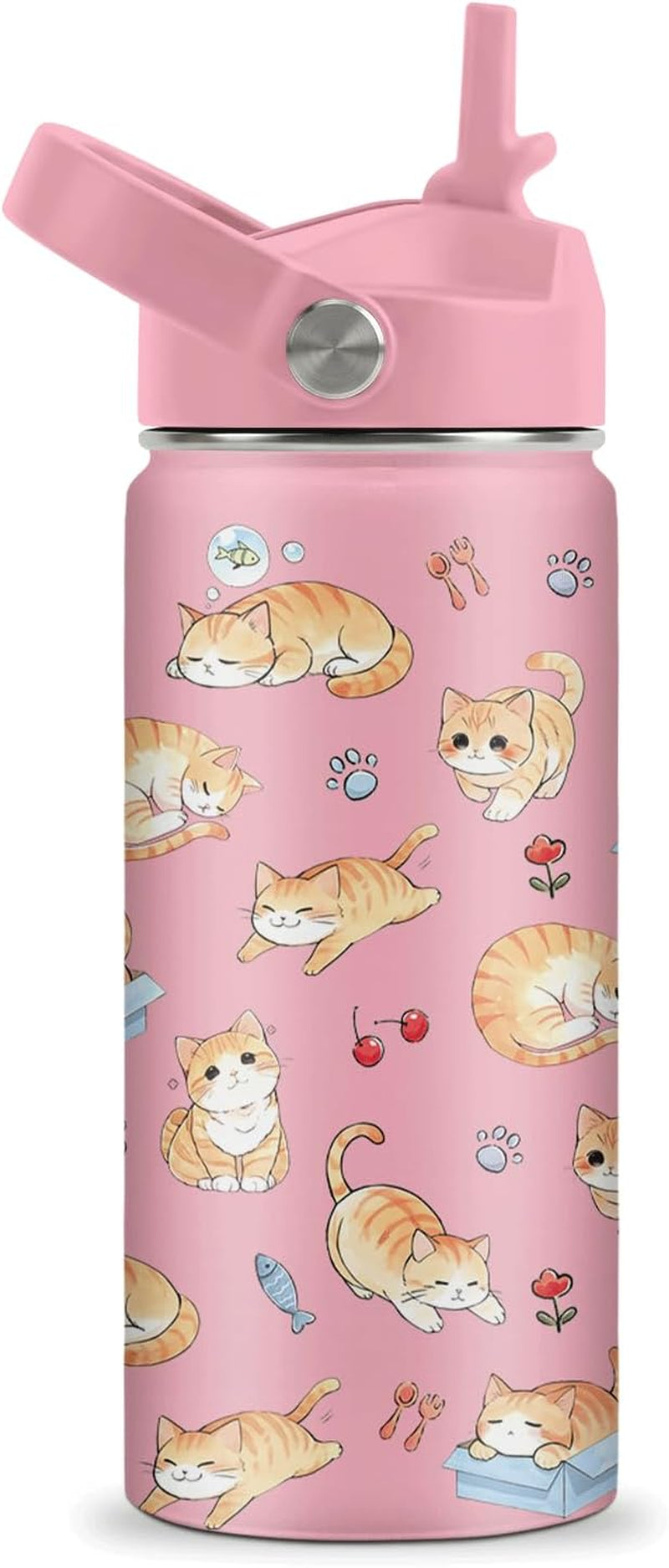 Cat Water Bottle for Girls - 16Oz Cat Stainless Steel Water Bottle with Straw - Cute Cats Insulated Cup - Pink Cats Kids Tumbler for School, Sports, Travel