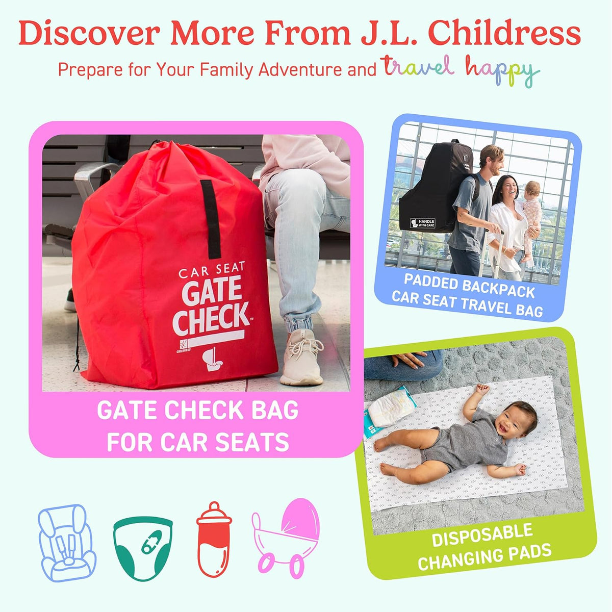 J.L. Childress Gate Check Travel Bag for Single & Double Strollers, Black