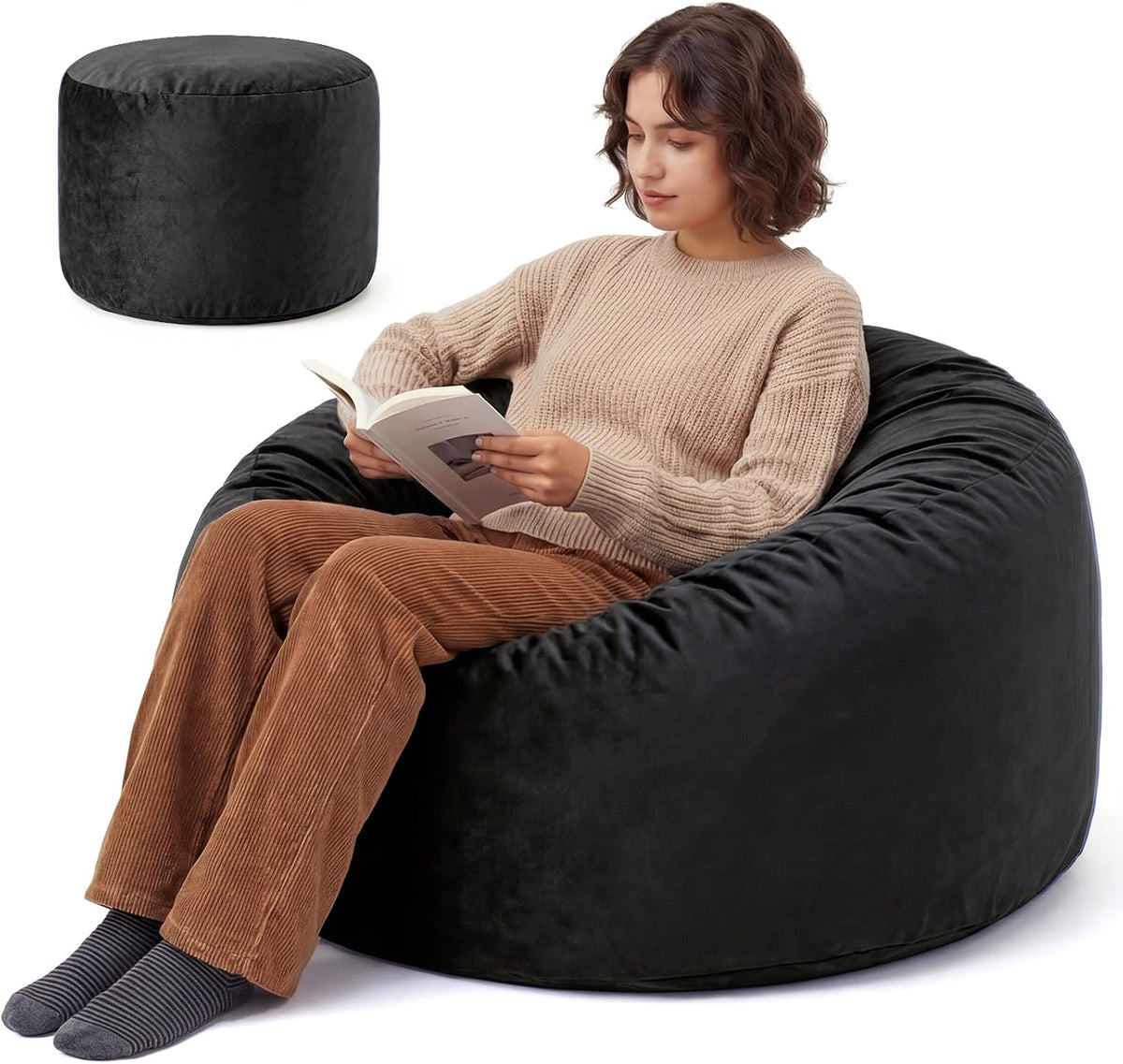 Memory Foam Bean Bag Chair for Adults Velvet Beanbag 3FT Jet Black