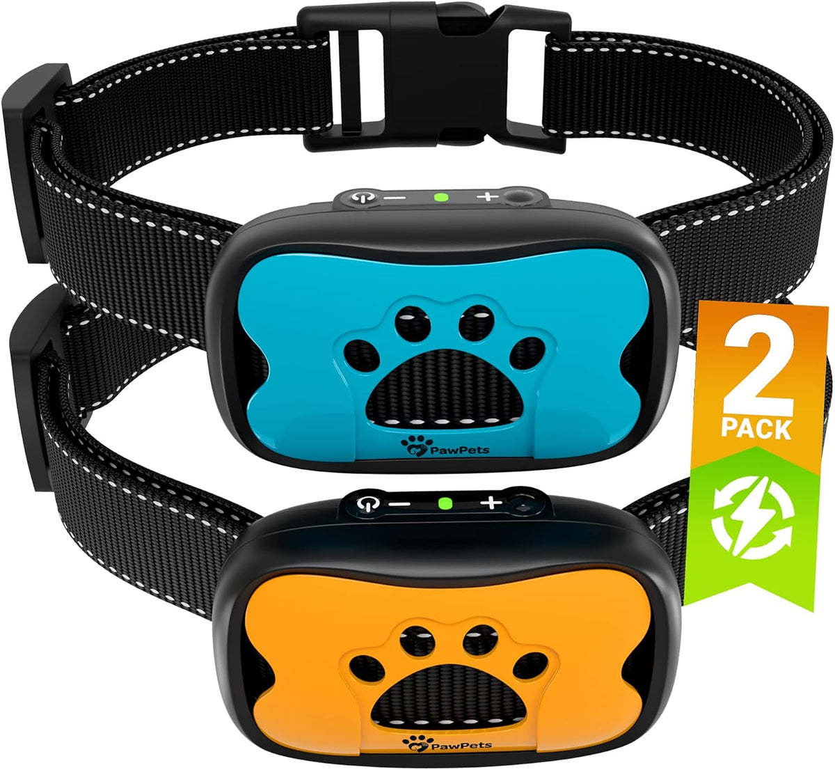 Rechargeable anti Bark Collar - No Shock Training Dog Collar - Humane with Vibration and Sound Barking Collar for Small Medium Large Dogs - 2 Pack Blue Orange (Rechargeable)