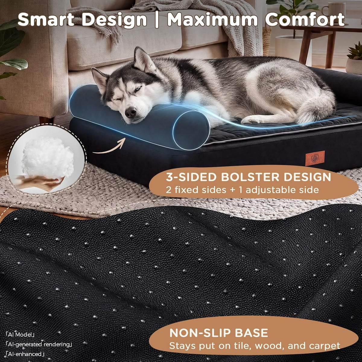 GTPLAYER Dog Bed, Egg-Crate Foam Pressure Relief with Waterproof Washable Pet Bed 43" with 2-In-1 Cooling/Warming Pad, Non-Slip Bottom, Detachable Pillows, Ideal for All Dogs