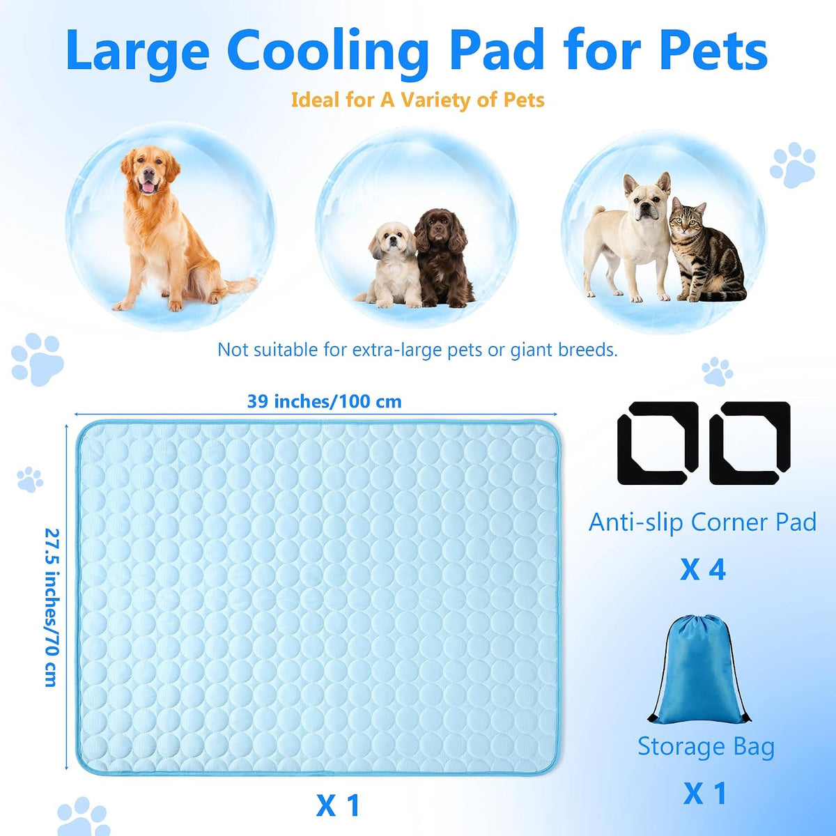 MCEAST Dog Cooling Mat 39" X 27.5" Self Cooling Pad for Dogs & Cats Non-Slip Cool-Chill Mats Summer Pet Blanket with Storage Bag Washable & Portable Cool Pet Pad for Floor Sofa Bed Car Travel, Large