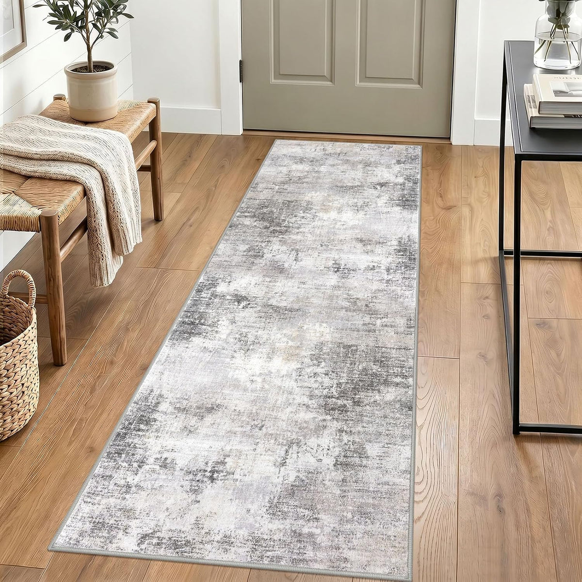 IOHOUZE Abstract Runner Rug 2X6 Ft Washable Runners for Hallways, Non Slip Kitchen Runner Printed Faux Wool Entryway Runner Indoor, Modern Abstract Floor Carpet for Hall Kitchen Bedroom, Grey Beige