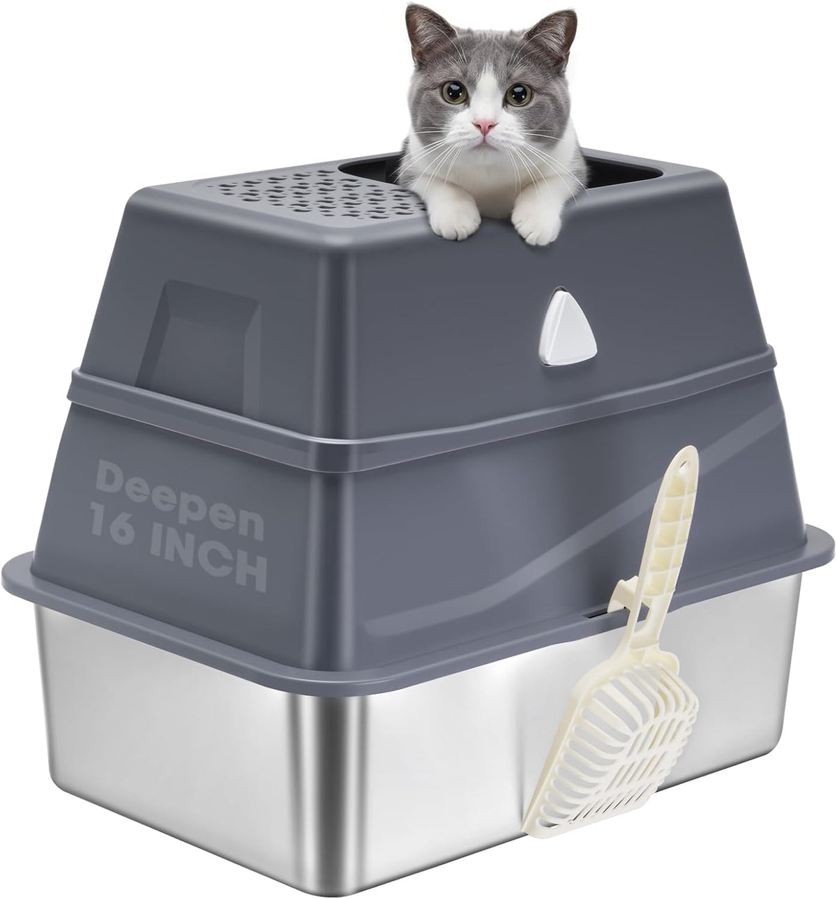 Flowtecat Enclosed Stainless Steel Cat Litter Box with Lid, Top Entry&High Side Protection for Cat Privacy, Dog Proof Design, Includes Litter Scoop Suitable for Kitten&Medium Cats (Grey)