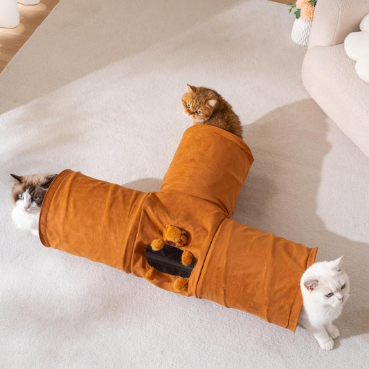 Cat Tunnels for Indoor Cats 3 Way T-Shape Suede Cat Tunnel with Capybara Plush Collapsible Pet Tunnel Tube for Kittens Rabbits Puppies