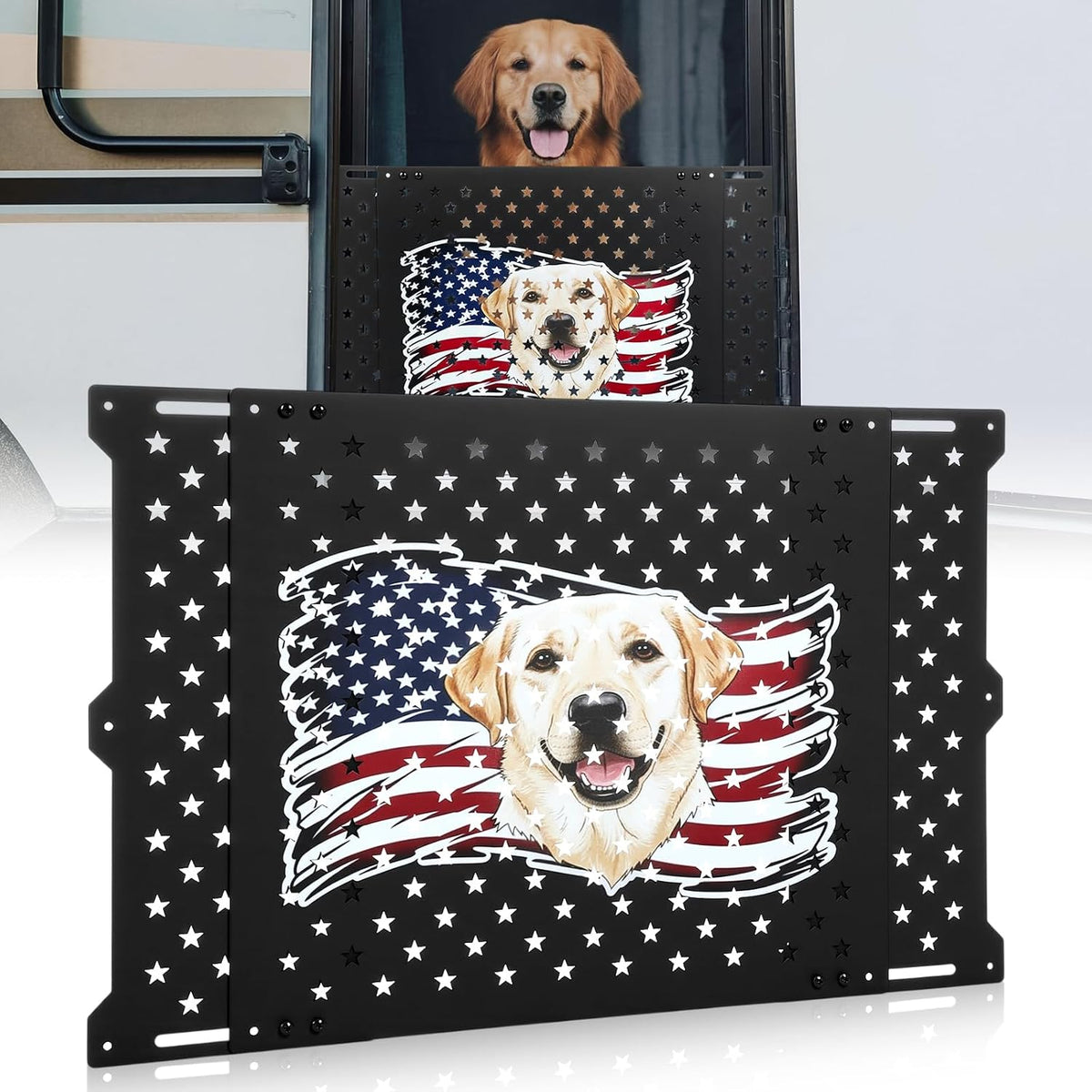 Gisafai 20" Adjustable RV Screen Door Protector for Dogs, Aluminum RV Screen Door Guard Grille, Fits 22"-31.5" Wide Camper Entry Doors Pet Scratch Shield Barrier with USA Flag Dog Head and Star Design