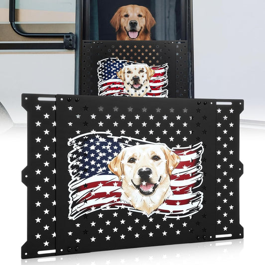 Gisafai 20" Adjustable RV Screen Door Protector for Dogs, Aluminum RV Screen Door Guard Grille, Fits 22"-31.5" Wide Camper Entry Doors Pet Scratch Shield Barrier with USA Flag Dog Head and Star Design