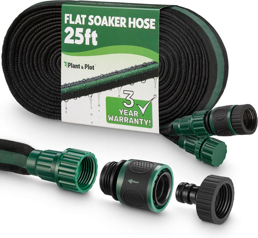 Flat Soaker Hose 25Ft for Garden // Drip Hose for Garden Beds, Lawns and Trees // Heavy Duty Leakproof Design with Quick Connect // Linkable Irrigation System for Vegetables and Flowers