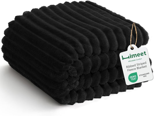 HIMEET Black Ribbed Throw Blanket for Couch - 300GSM Lightweight Soft Fleece Blanket for Women Men, Cozy Blankets for Mothers Gifts, Striped Spring Home Room Decor, Black, 50X60 Inches