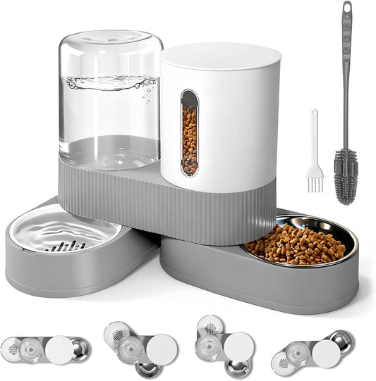 2 in 1 Automatic Gravity Cat Dog Feeder and Water Dispenser with 304 Stainless Steel Bowls, 360 Degree Rotatable Auto Food with 2 Specialized Brushes for Small Medium Pet Dog Puppy Kitten (Gray)