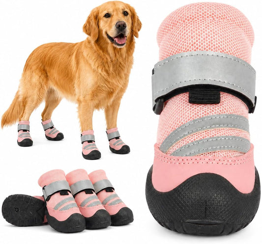 Dog Boots, Waterproof Dog Shoes with Reflective Straps, Rugged Anti-Slip Sole Paw Protectors for Medium Large Dogs, Breathable Pet Booties for Hot Pavement, Snow, Hiking, 4Pcs
