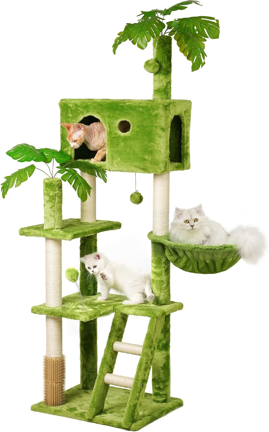 Meecal 65In Tall Cat Tree with Leaves for Indoor Cats, Green Cat Tower with Scratching Post,Hanging Hammock,Cozy Perch,Swing Ball,Self Groomer and Cat Ladder,Cat Tree Tower