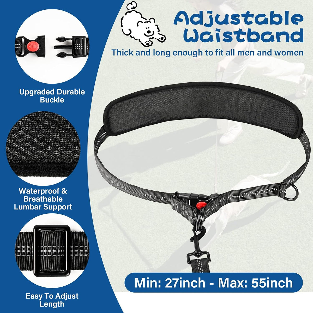 Uxisae Hands Free Dog Leash with Zipper Pouch Large Military Black