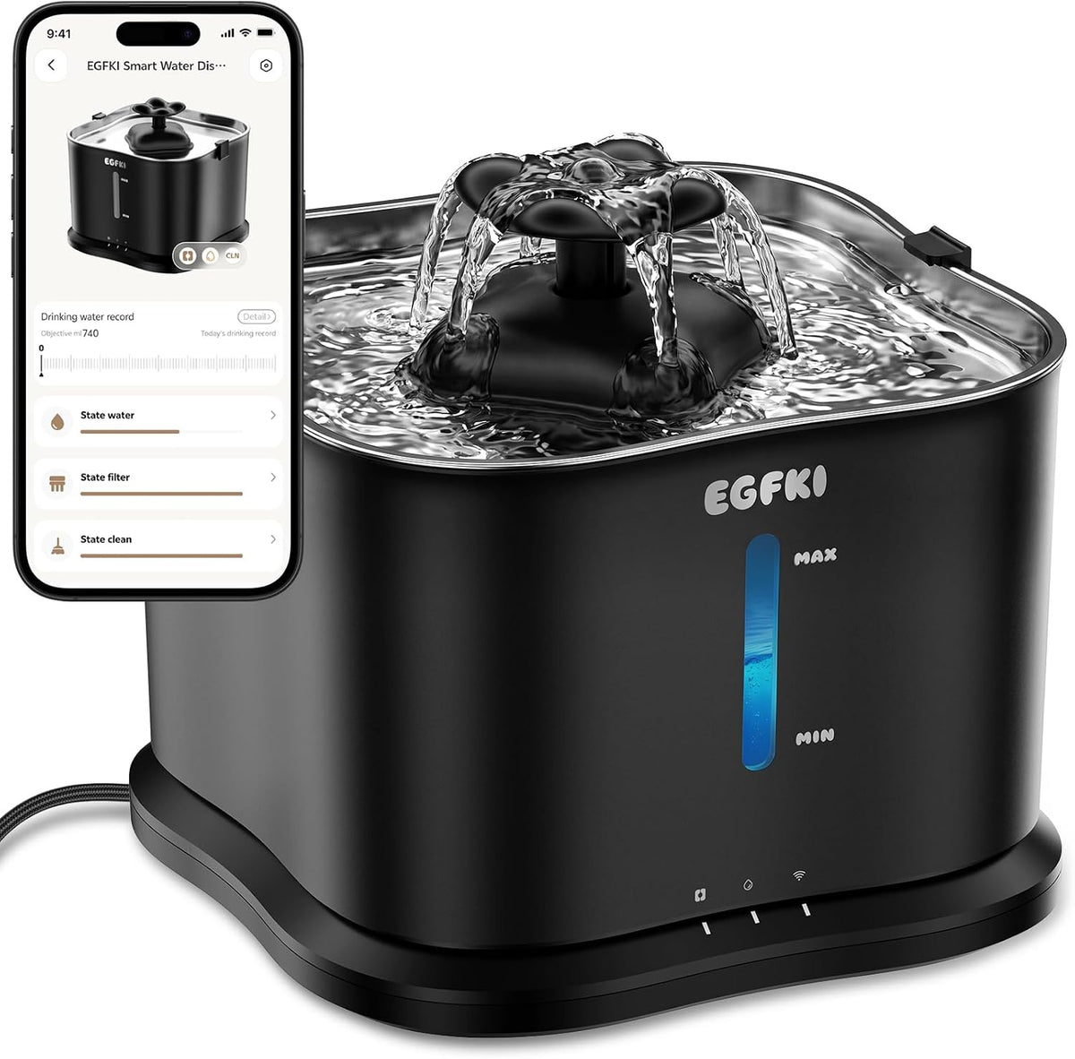 EGFKI Smart Cat Water Fountain, 3.6L/121Oz Automatic, App & Wifi