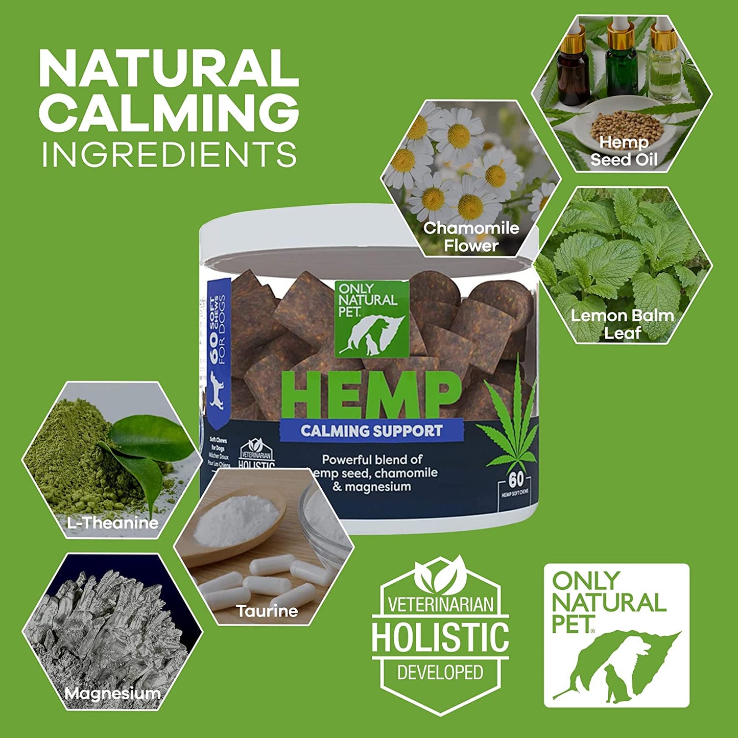 Only Natural Pet - Natural Hemp Soft Chew Bites for Dog Stress & Anxiety Relief - L-Theanine, Chamomile & Lemon Balm - Calming Chews for Dogs - 60 Count