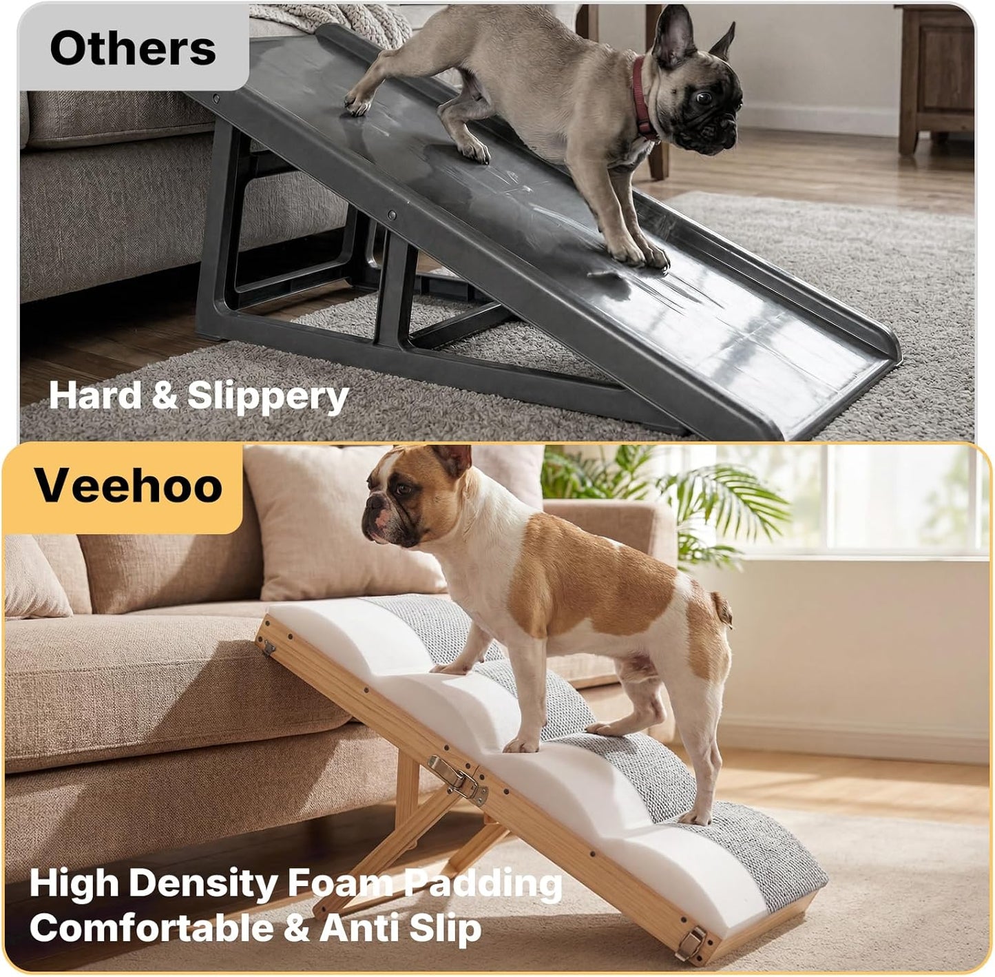 Veehoo Dog Ramp for Bed Couch for Small to Large Dogs, Folding Ramp for Dogs to Get on Bed 4 Adjustable Height from 13.8" to 20.5", Wooden Pet Cat Stairs Doggie Steps with Foam Padding, up to 130Lbs