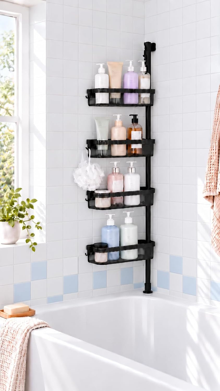 Corner Shower Caddy Tension Pole 4 Tier Rustproof Shampoo Organizer,Black