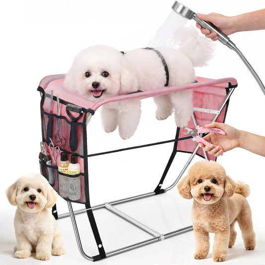 Foldable Dog Grooming Hammock with Stand for Small Dogs & Cats-30 Lbs-Pink