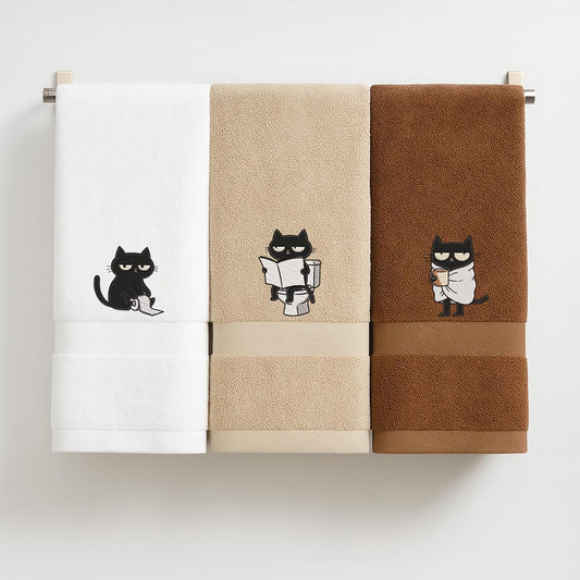 3Pcs 100% Cotton Soft Absorbent Embroidered Hand Towels, Black Cat Decorative Towels for Bathroom and Kitchen, Funny Cat Hand Towels Bathroom Decor, Cat Lover Gifts for Women, 15.75 X 31.5 Inches