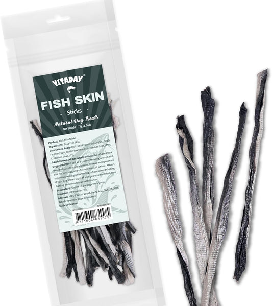 VITADAY Dog Jerky, 100% Fish Skin Dog Treats, Tough Grain-Free Rawhide Alternative, Natural Dog Jerky Treats For, Rich in Collagen & Omega-3, Low Fat, Hypoallergenic, 2.5 Oz Pack, Stick