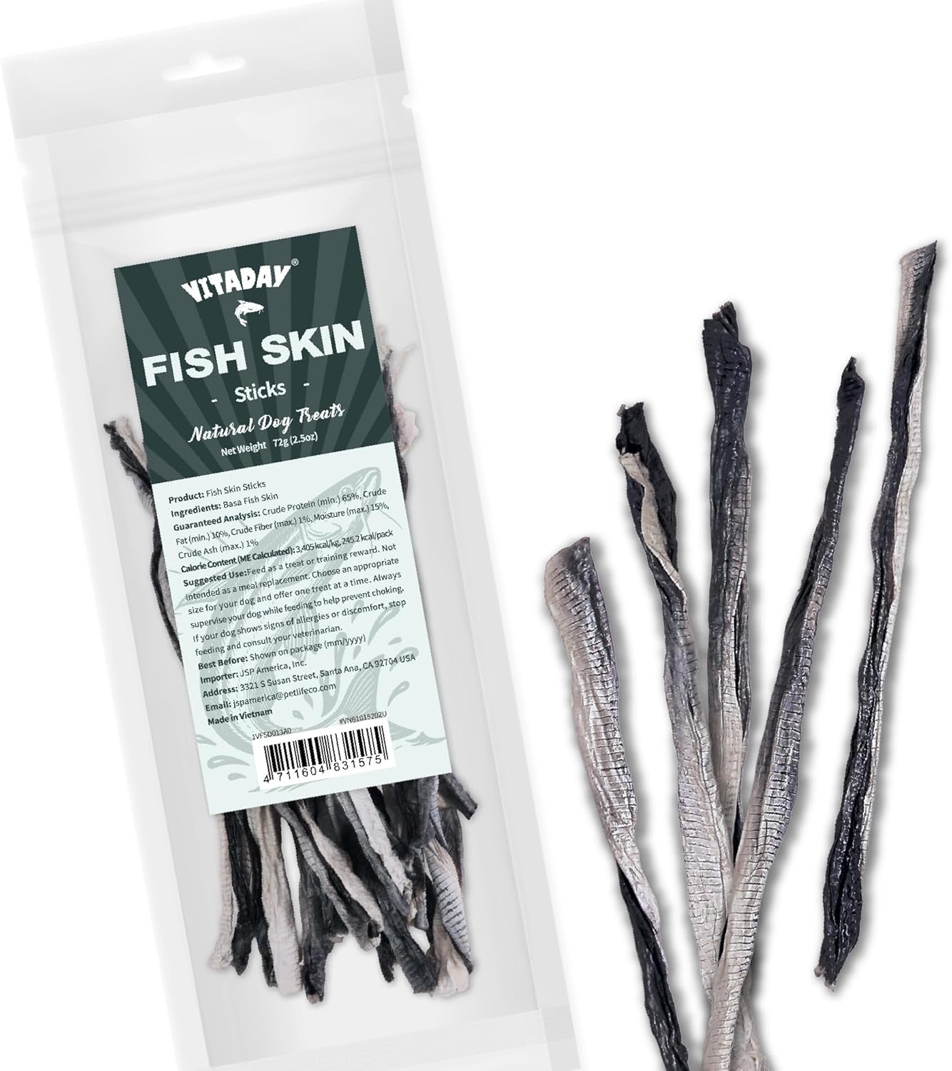 VITADAY Dog Jerky, 100% Fish Skin Dog Treats, Tough Grain-Free Rawhide Alternative, Natural Dog Jerky Treats For, Rich in Collagen & Omega-3, Low Fat, Hypoallergenic, 2.5 Oz Pack, Stick