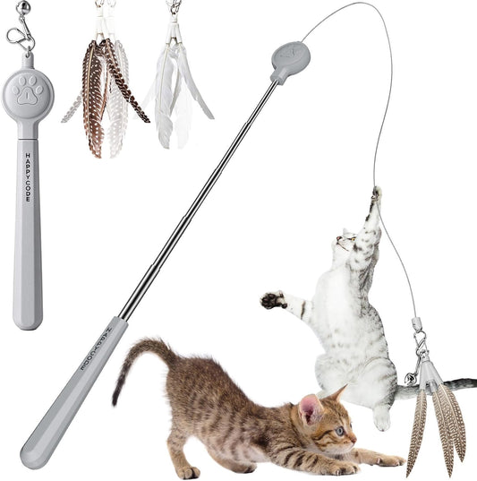 Interactive Cat Wand Toy, Self-Spinning Feather Teaser, Telescopic Rod