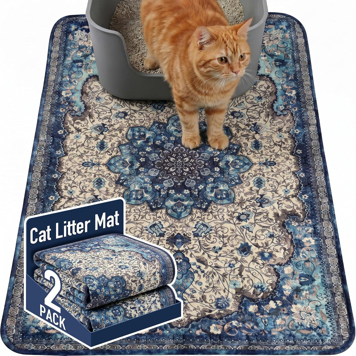 Hompet Cat Litter Mat 2 Pack, 24X36 Large Machine Washable Trapping Mats for Cats, Super Absorbent & Urine-Proof Cat Litter Box Mat for Floor, Waterproof & Non Slip Kitty Litter Rug