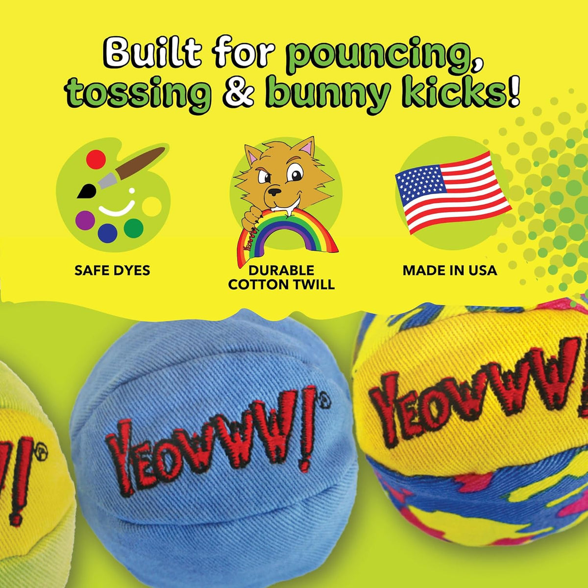 Yeowww! Catnip My Cats Balls Toys for Cats - 3-Pack - Durable Cotton Twill - Made in the USA - Stuffed with Organically Grown Catnip