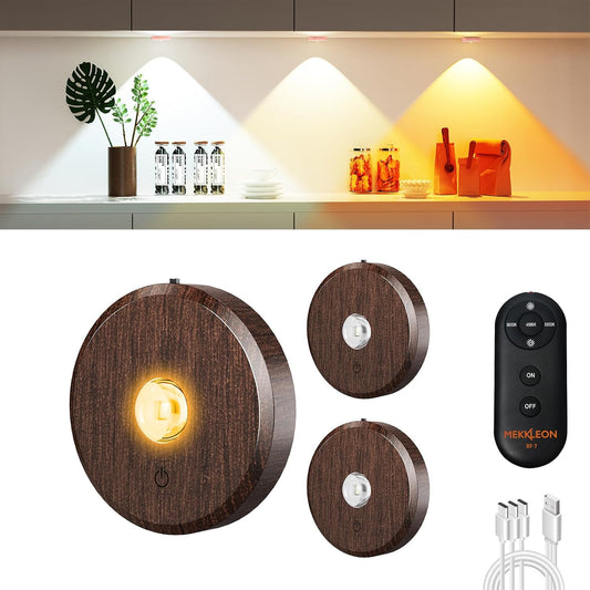 Puck Lights with Remote Control - Rechargeable, Wireless under Cabinet Lighting, 2000Mah Battery Operated Tap Push Touch Light, Stick on for Counter, Shelf, Bookcase (Wood Color, 3 Pcs)