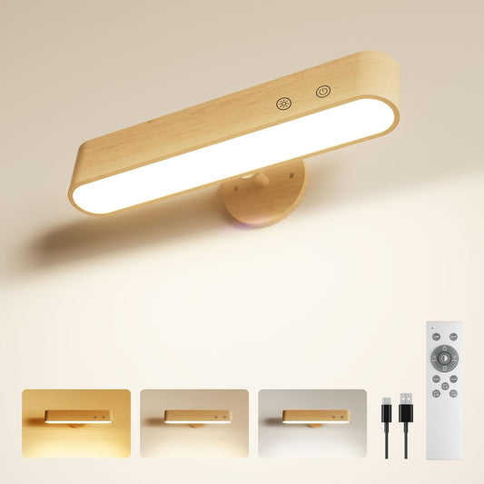 Popoiron 7500 Mah Rechargeable Wall Sconce, Battery Operated LED Wall Light for Bedroom with Remote Control & Touch, 360° Magnetic Rotation, 3 Colours, Dimmable Wood Wall Lamp, 15 RGB Colors, 1P