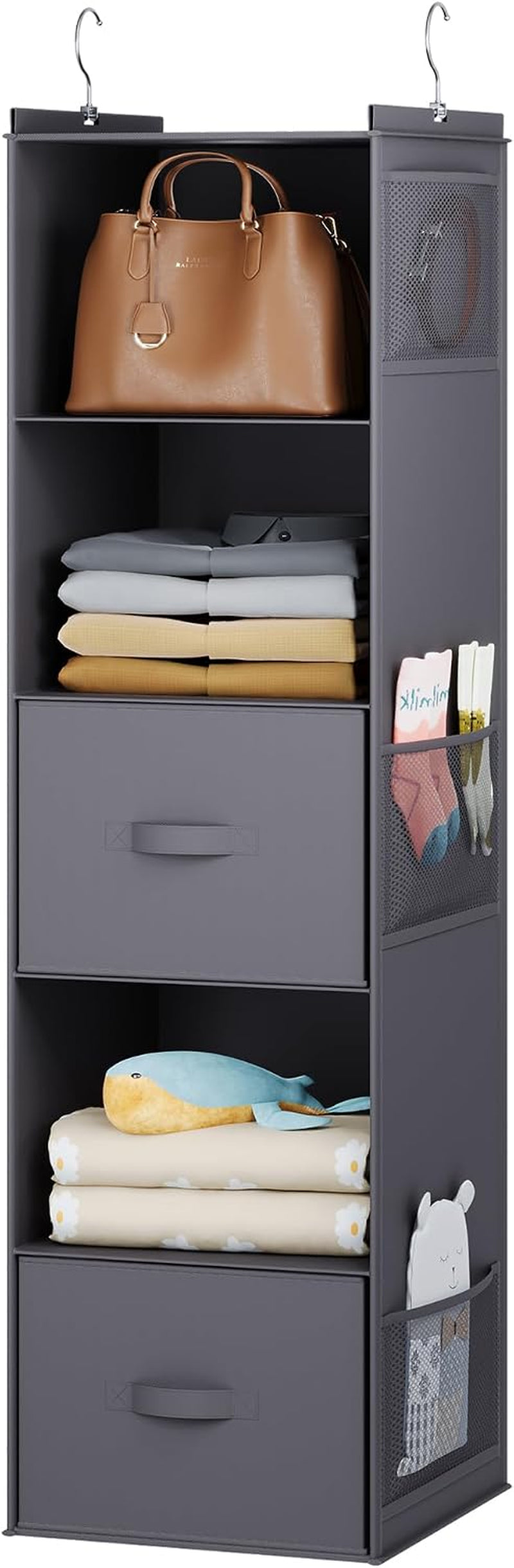 YOUDENOVA Hanging Closet Organizer, Hanging Shelves with Drawers, Dark Grey