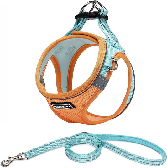 Mercano Soft Mesh Dog Harness and Leash Set, Step-In Reflective Breathable Lightweight Vest Harnesses with Safety Buckle for Small Dogs, Cats (S, Orange Blue)