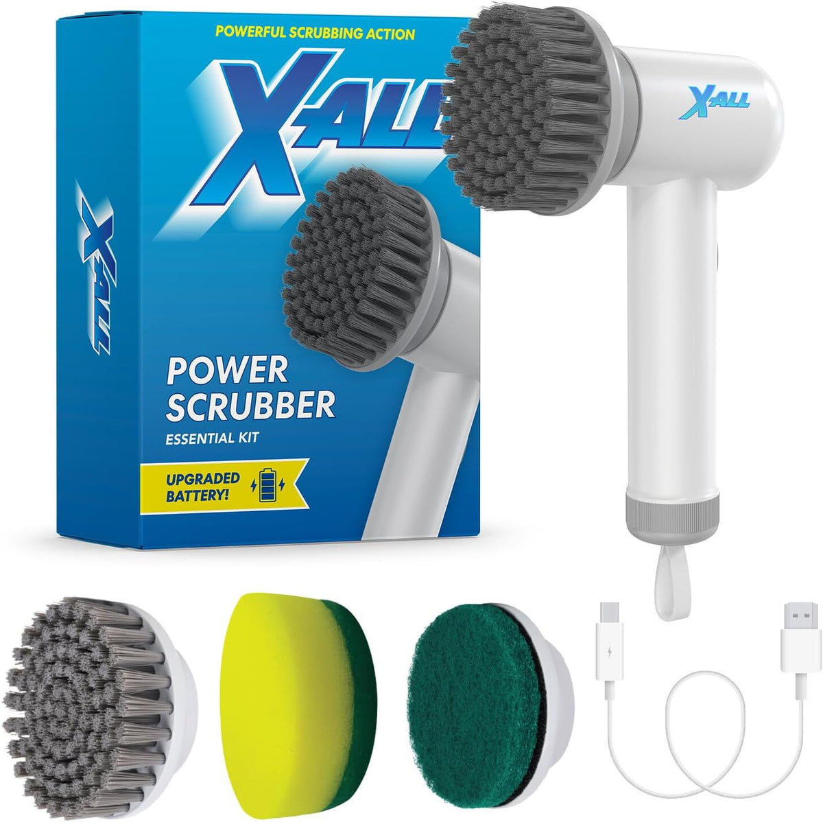 X-All Electric Spin Power Scrubber - Rechargeable Lightweight Waterproof Cordless 2-Speed Control Cleaning Tool with 2 Spin Brush Heads - White
