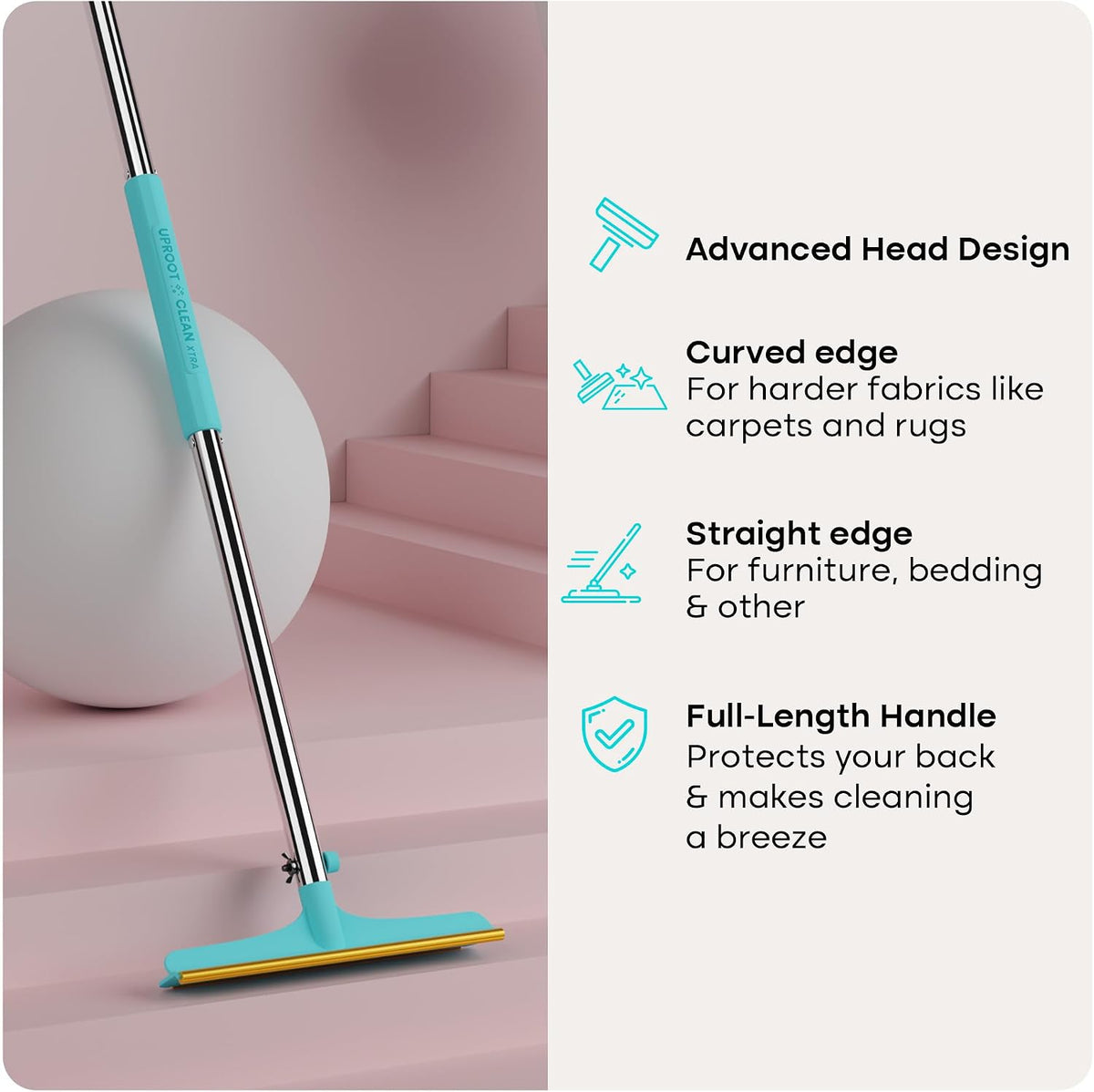 Uproot Clean Xtra Carpet Rake for Pet Hair Removal 60" Telescopic Handle