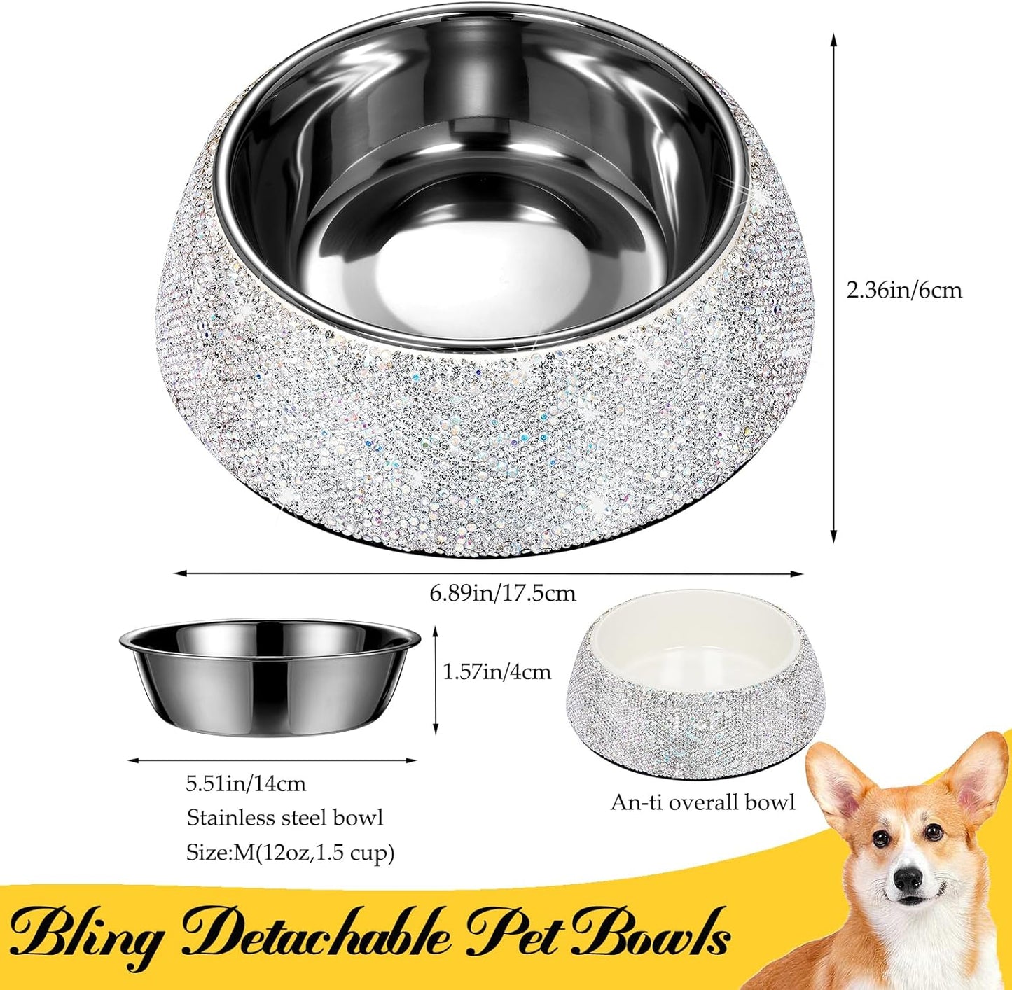 Slowvibes Bling Stainless Steel Dog Bowls,12Oz Detachable Rhinestone Metal Food Water Bowl for Feeding Dogs Cats,Rust Resistant Non-Slip Puppy Dish,Sparkle Essentials for Small Medium Large Girl Pets