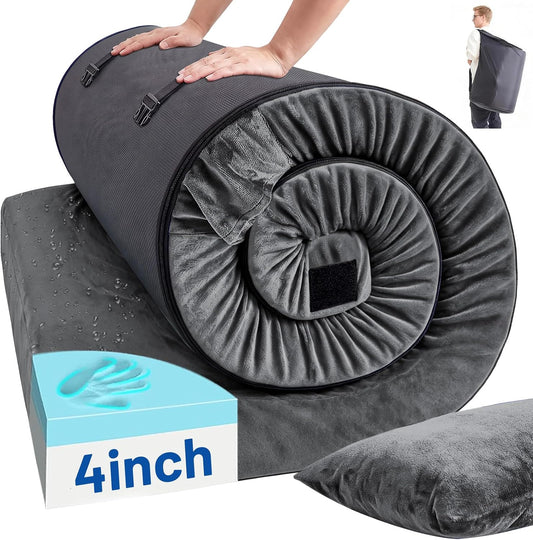 Memory Foam Camping Mattress Pad with Pillow - Extra Thick 4 Inch Sleeping Pad for Camping, Waterproof Roll up Cot Mattress Topper Bed Mat for Car Truck Tent RV, with Storage Bag