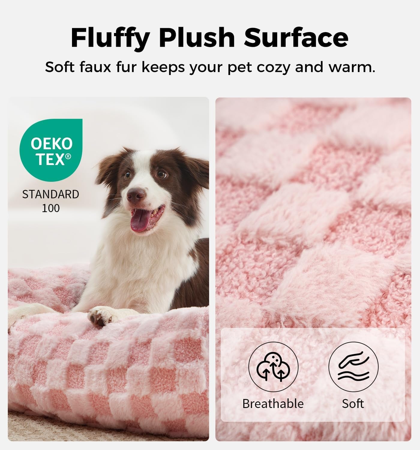 Made4Pets Dog Couch Bed, Soft Faux Fur Checkered Indoor Pet Sofa, Comfortable Fluffy Dog Sofa with Supportive Foam, Removable Washable Cover with Non-Slip Base, Pink, Large