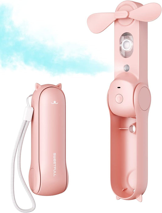 SWEETFULL Misting Fan Portable, Handheld Personal Mister Fans, Small Fan Rechargeable, Mini Spray Water Mist, Kids Women Portable Fans for Travel, Outdoors, Hiking, Camping Home Office (Pink)