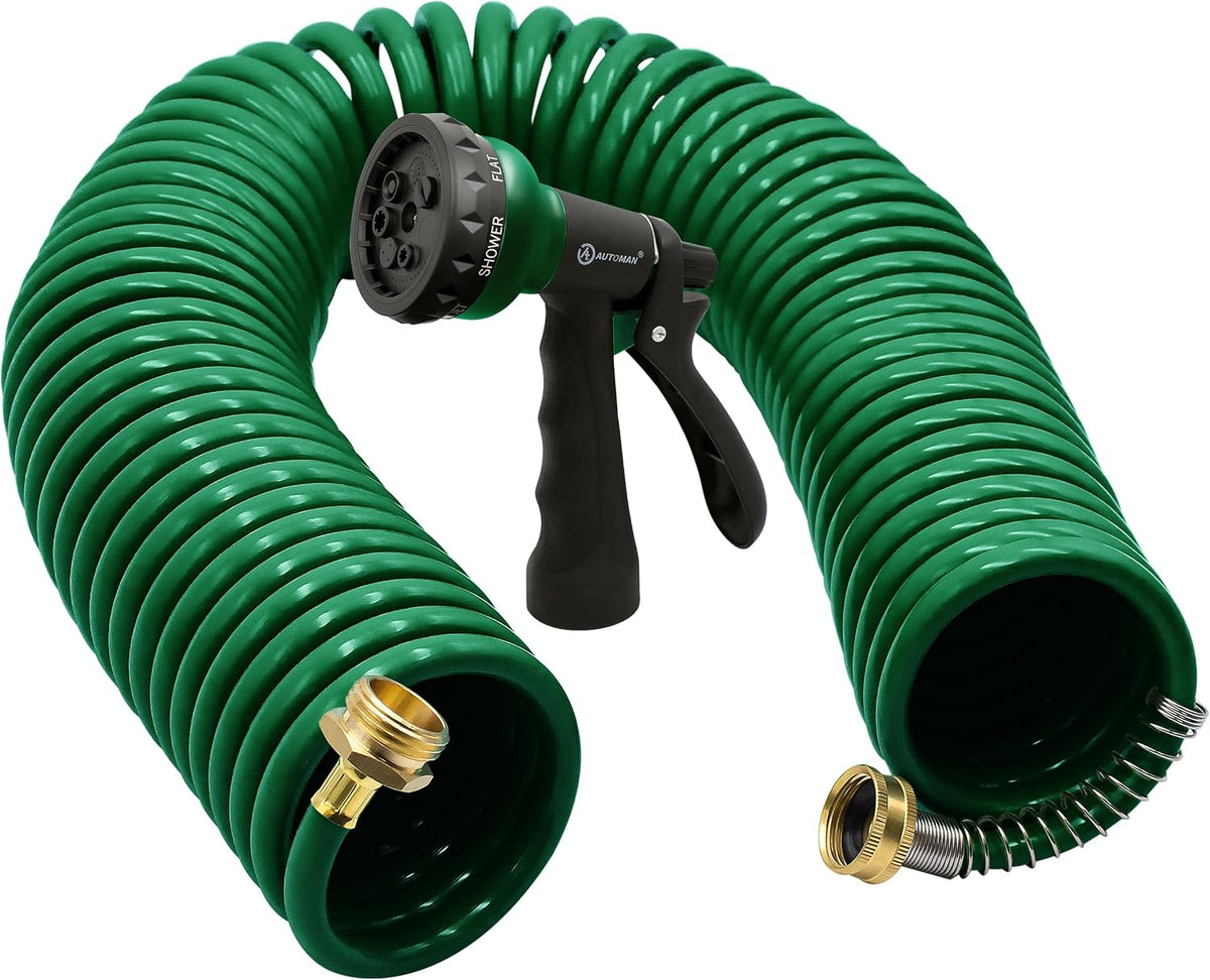 AUTOMAN Coil Garden Hose 50 Ft, EVA Curly Water Hose with Brass Connectors, Recoil Garden Water Hose,Includes 7-Pattern Function Sprayer,Retractable,Corrosion Resistant Garden Coil Hose.