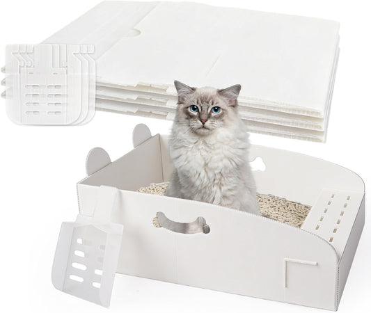 3 PCS Disposable Foldable Litter Boxes with Disposable Scoop, Cute Portable PP Cardboard Litter Box for Cats, Waterproof Hygienic, for Travel Car Plane Van Camping Hotel